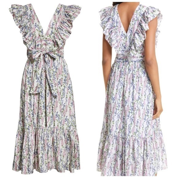 Bytimo Blue Field Floral Ruffle Midi Wrap Dress Size Medium / Nwt